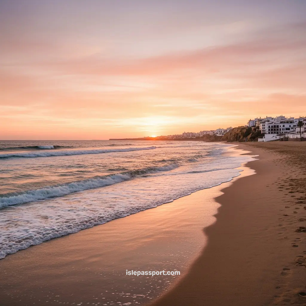 Golden-hour beach view of Conil de la Frontera on Spain’s Costa de la Luz, with Atlantic waves and cliffs at sunset.