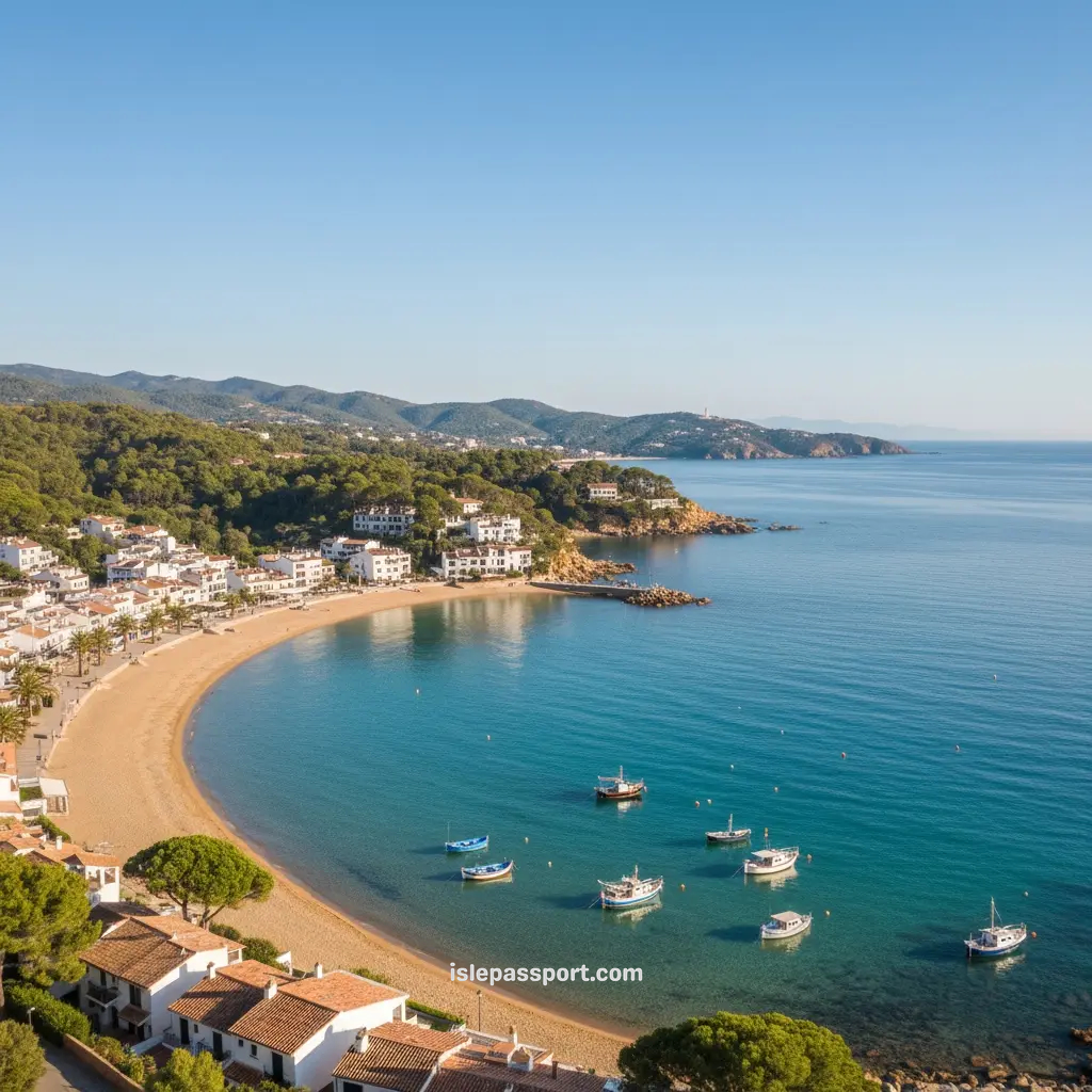 Coastal view of Llafranc, Costa Brava, Spain, with turquoise sea and pine-covered hills.