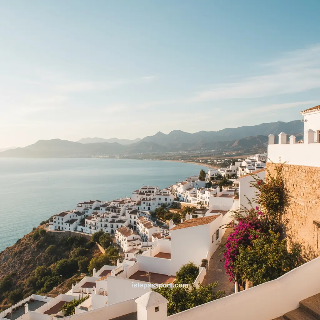 Panoramic view of Mojácar Pueblo in Almería, Spain, with whitewashed houses and the Mediterranean Sea below.