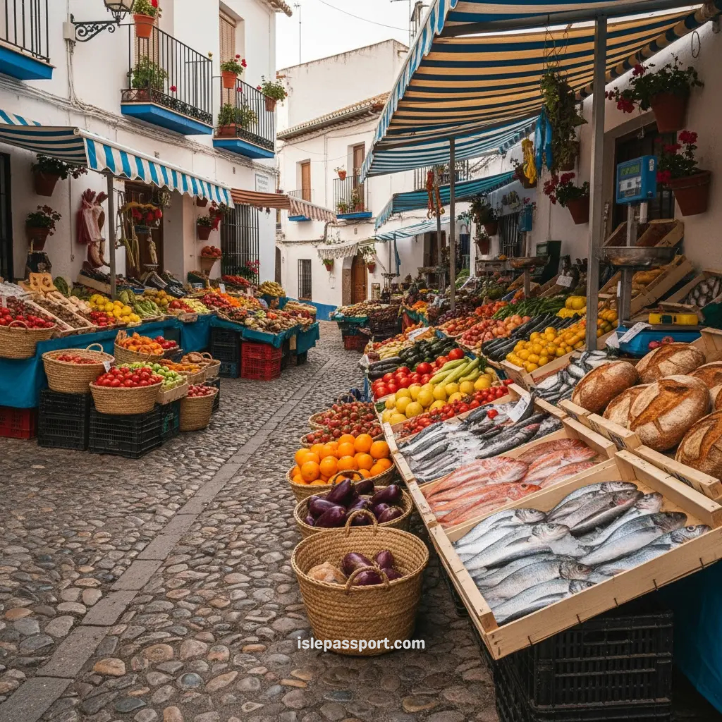 Fresh produce and seafood at a small coastal market in Andalusia, Spain.