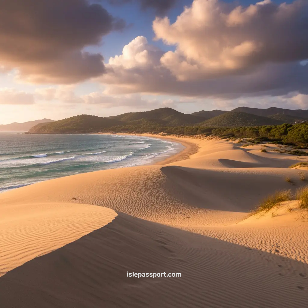 Dunes of Bolonia Beach meeting turquoise Atlantic waters in Cádiz, southern Spain.
