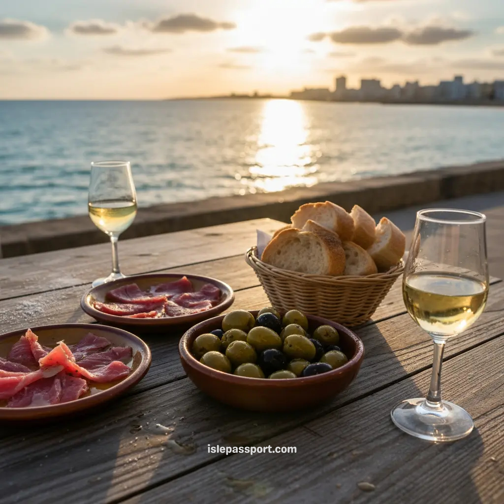 Tapas plates and glasses of sherry at a seaside bar on the Cádiz coast, southern Spain.