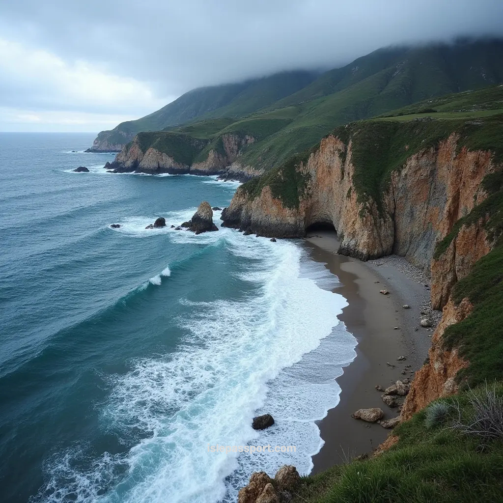 A breathtaking view of the vertical cliffs and deep blue Atlantic water at Playa del Silencio in Asturias, highlighting the lush Northern Spain coastal climate.