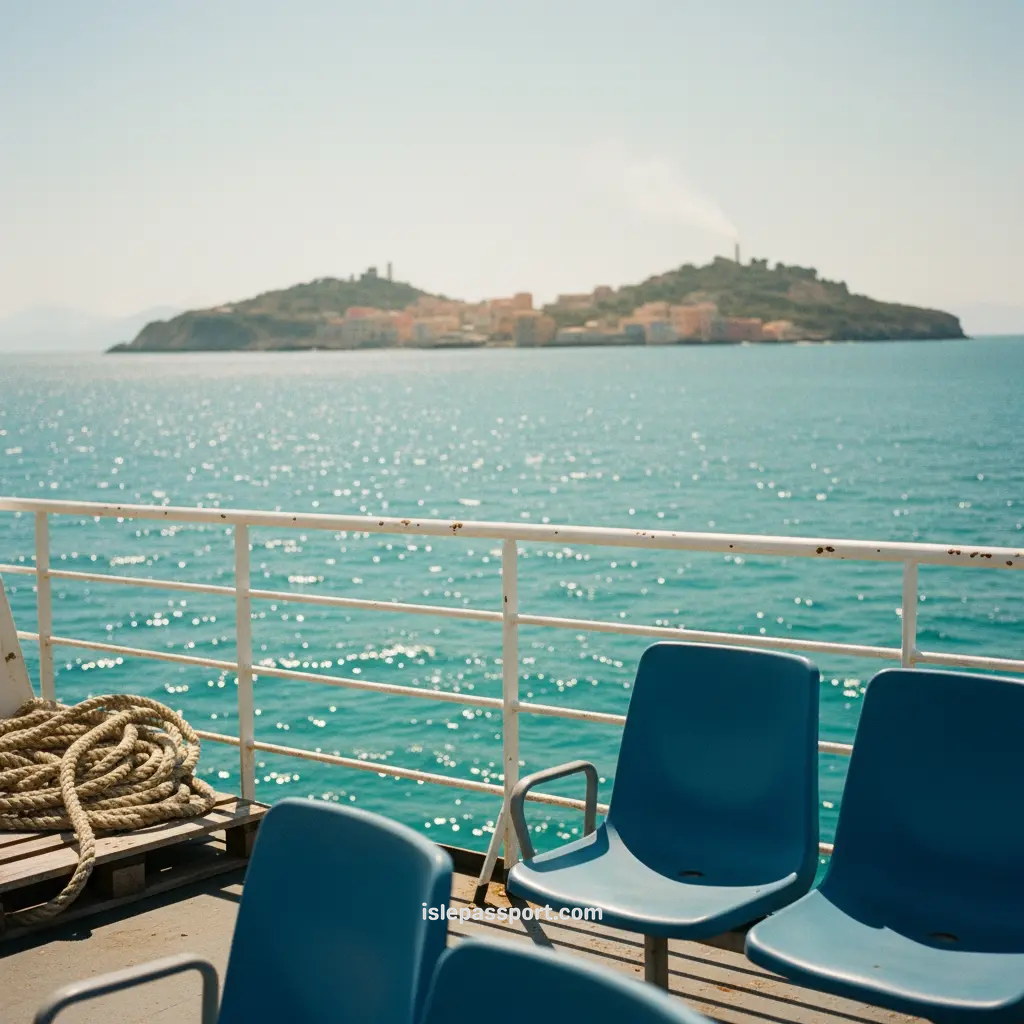 traveler taking a ferry from Naples Italy toward the coastal towns with sea views and distant shoreline. Taking the ferry is one of the simplest and most scenic ways to reach the coastal towns near Naples Italy— it’s cheap, easy, and honestly one of my favorite parts of the trip.