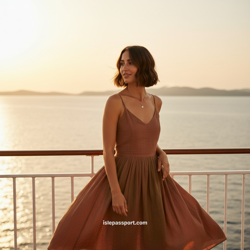 woman standing on a Greek ferry deck at sunset, representing Maya sharing her purpose through Isle Passport