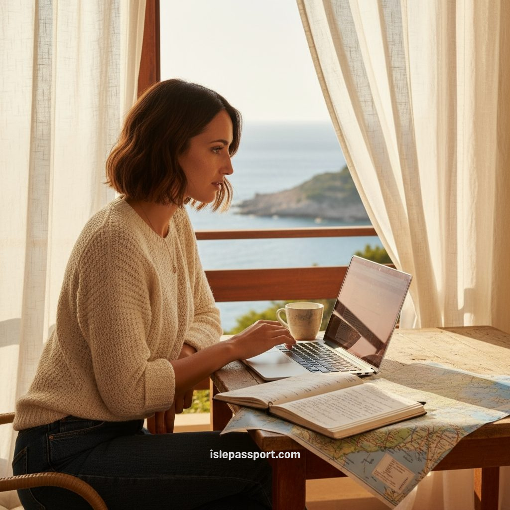 woman working on travel notes at a coastal table with map, coffee, and laptop, representing Maya researching authentic island travel guides.