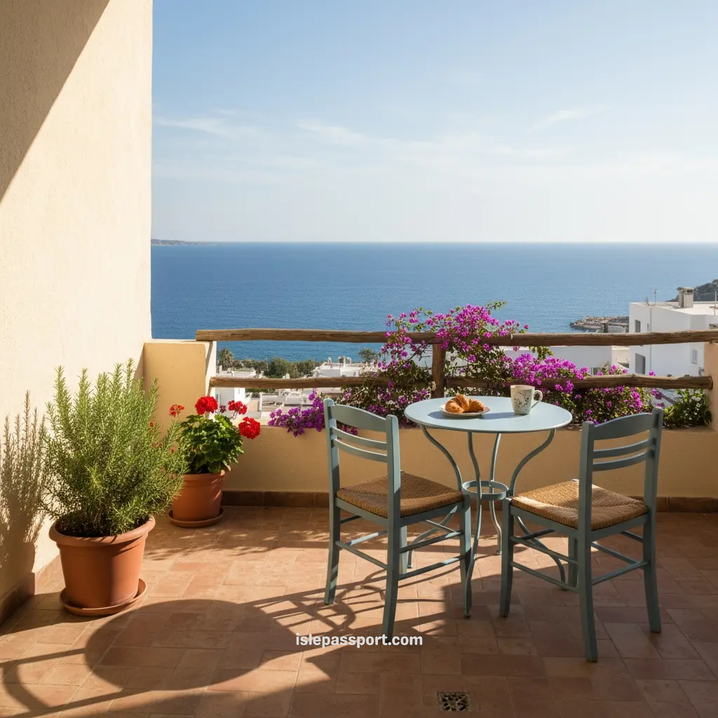 Simple apartment balcony overlooking the Mediterranean Sea in a small coastal town in Almería, Spain.