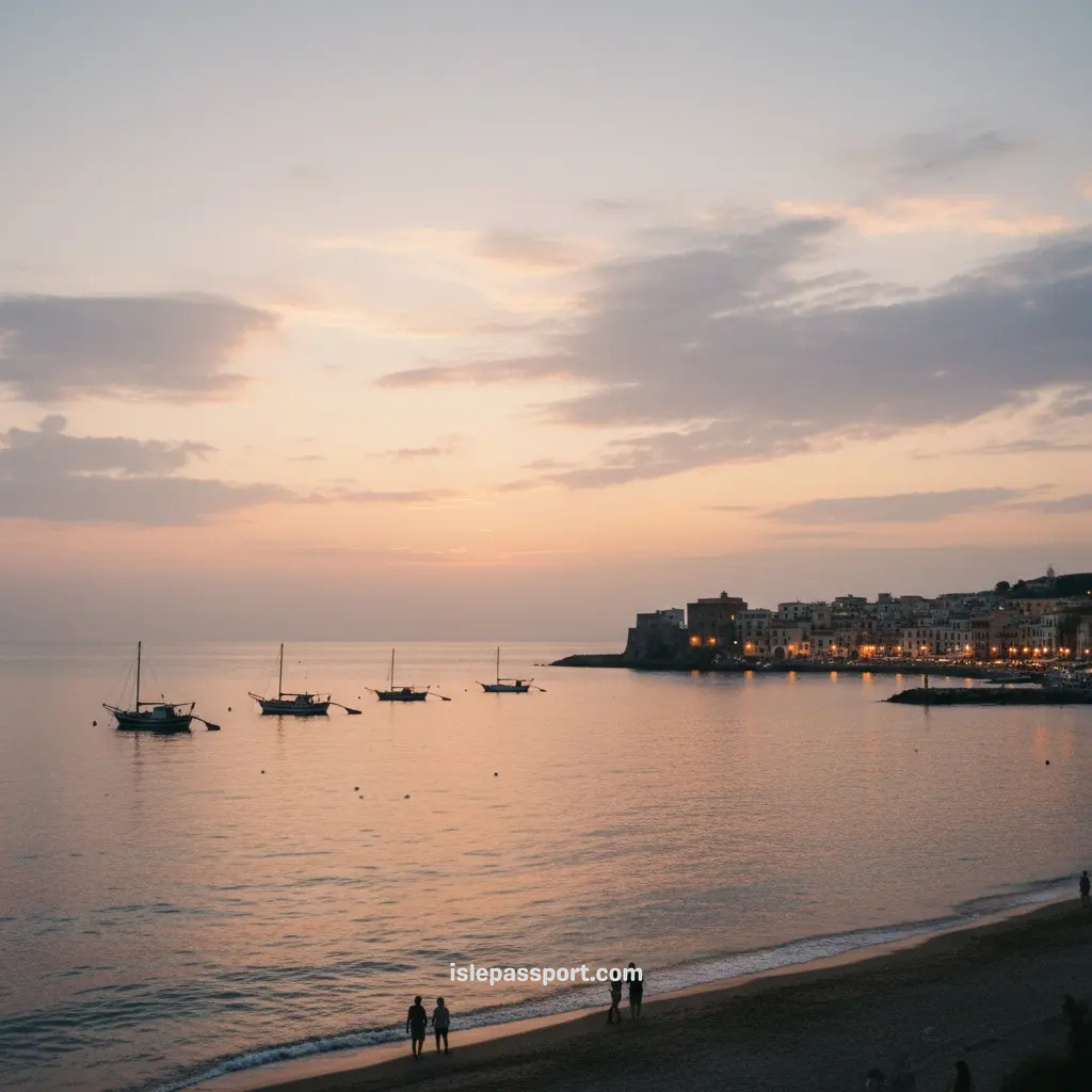 traveler watching sunset over the coastline near Naples Italy with boats and pastel sky