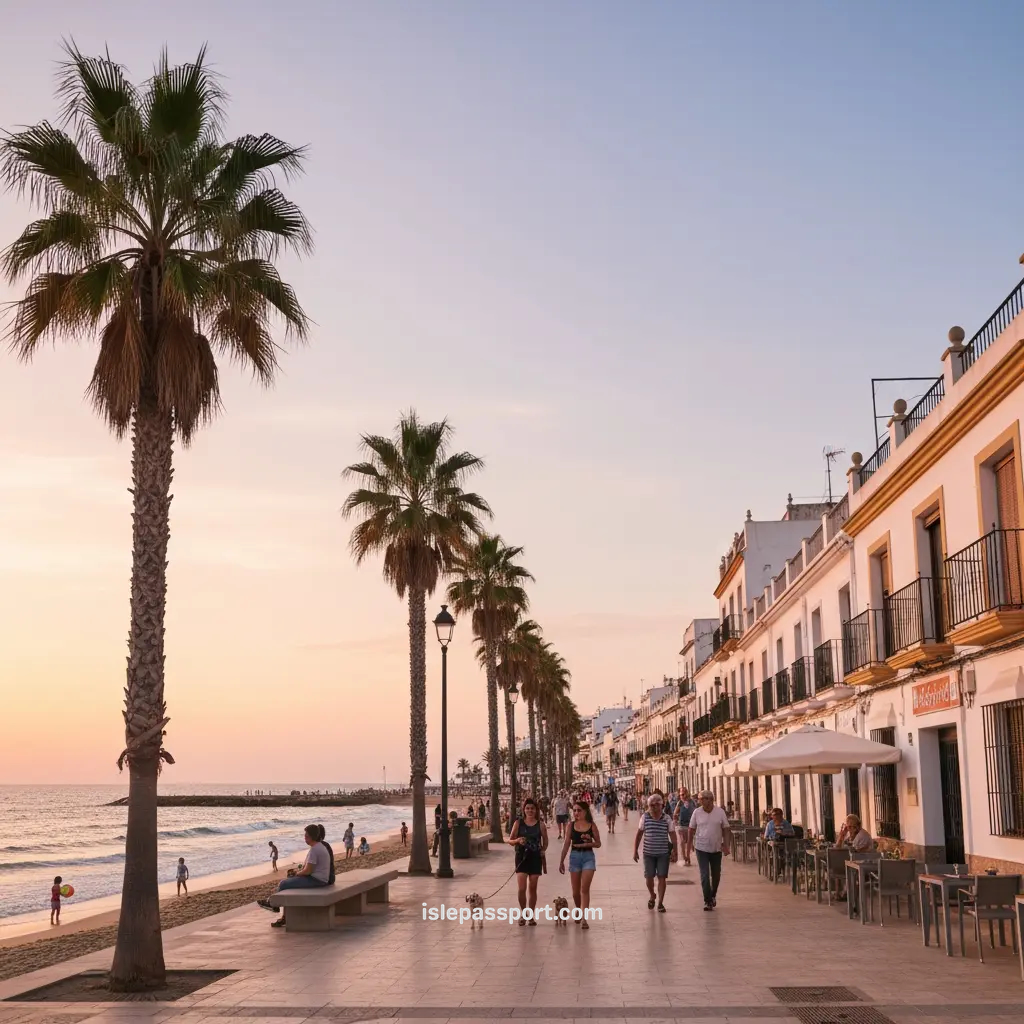 Palm-lined beach promenade at sunset in a quiet Spanish coastal town. Caption: