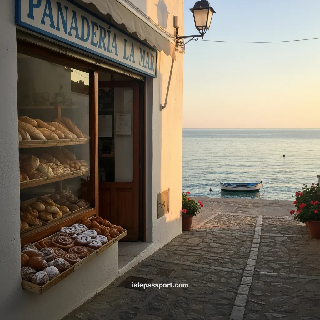 Corner bakery with fresh bread and pastries on a quiet coastal street in southern Spain.