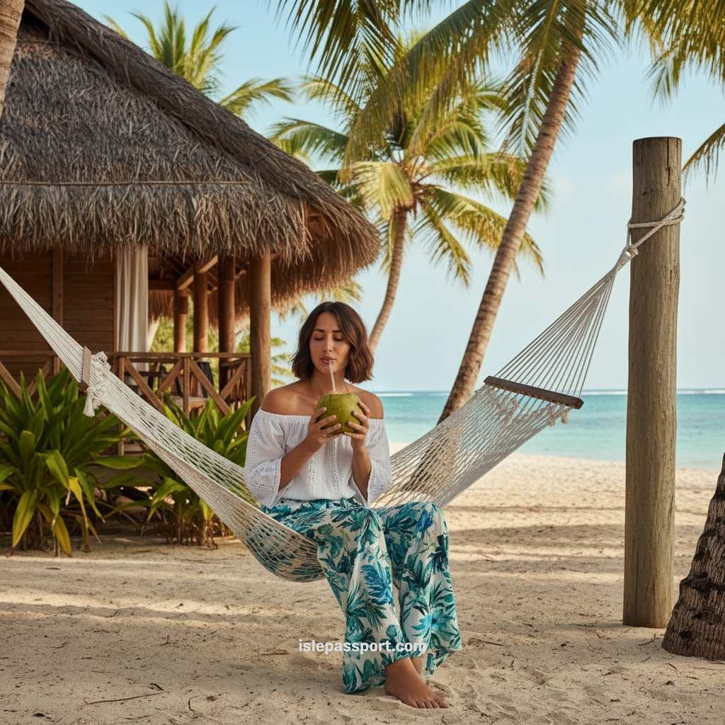 woman relaxing on a hammock outside a tropical beachfront bungalow with palm trees and turquoise water.