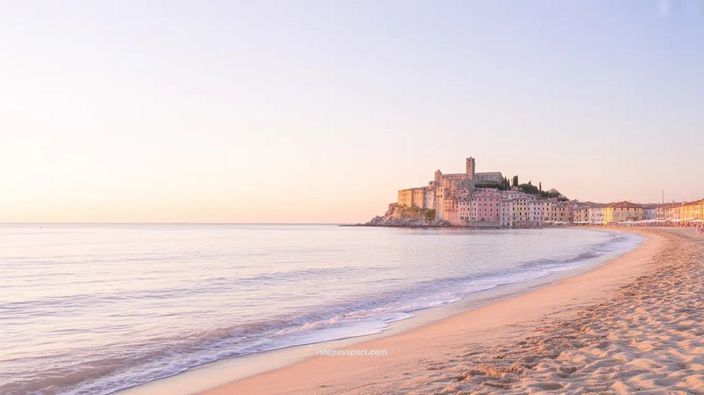 Castiglione della Pescaia beach and hilltop town at golden hour