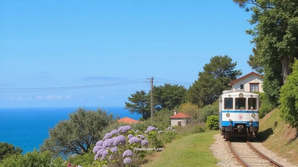 FEVE narrow-gauge train traveling along the northern Spain coastline