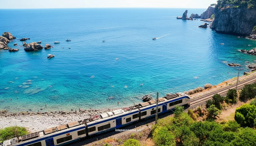 regional trainnear Rome Italy traveling along the tracks just a few meters from a bright turquoise sea.