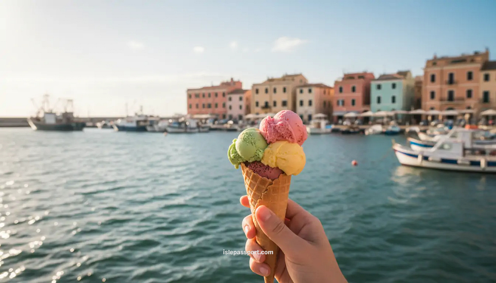 POV holding a gelato cone over the Anzio harbor with boats and pastel buildings behind