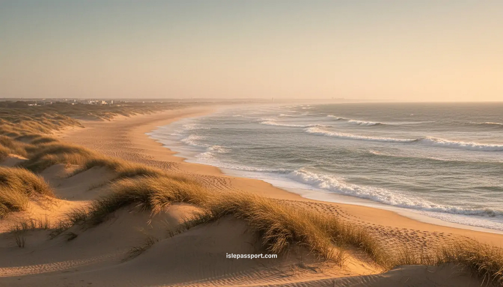 Atlantic Ocean along the spain coastline at Costa de la Luz in Andalusia spain, with a long dune-backed beach and rolling waves at sunset
