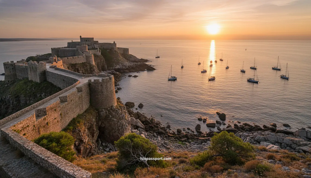 Baiona’s Monterreal Fortress on a rocky peninsula at sunset