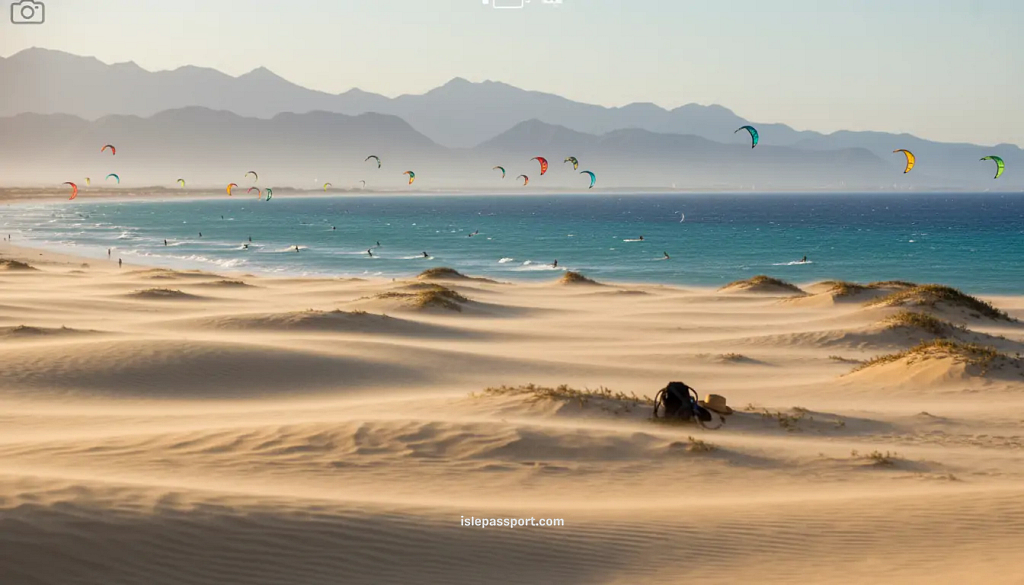 Tarifa beach with dunes and kitesurfers