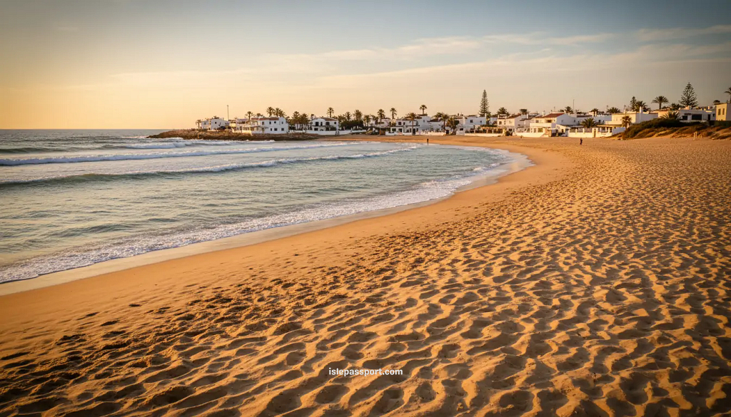 Zahara de los Atunes beach at sunset with golden sand
