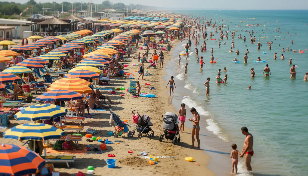 Family-friendly sandy beach with umbrellas and shallow water in Bibione Italy