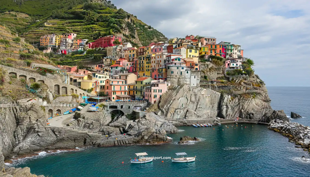 Colorful Cinque Terre village built on cliffs above the sea