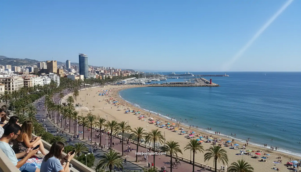 Málaga skyline and long beach promenade on the Costa del Sol spain coastline under bright Mediterranean light