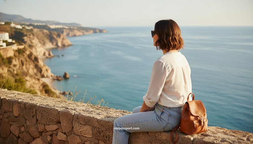 Woman sitting on a stone wall overlooking Mediterranean coast near Nerja, Costa del Sol, Andalusia