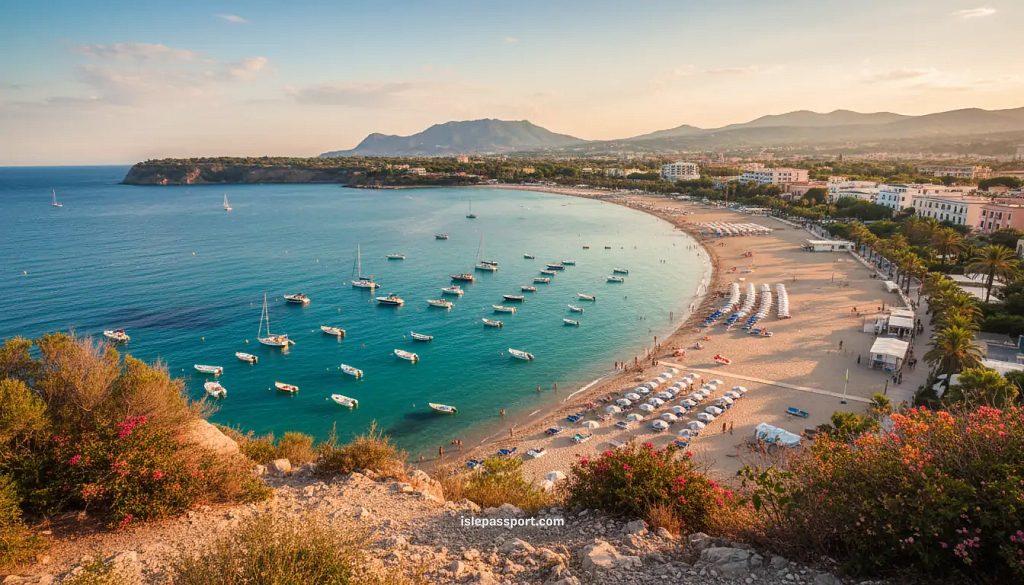 POV looking down from Gaeta’s cliff path toward Serapo Beach with turquoise water and bright sand