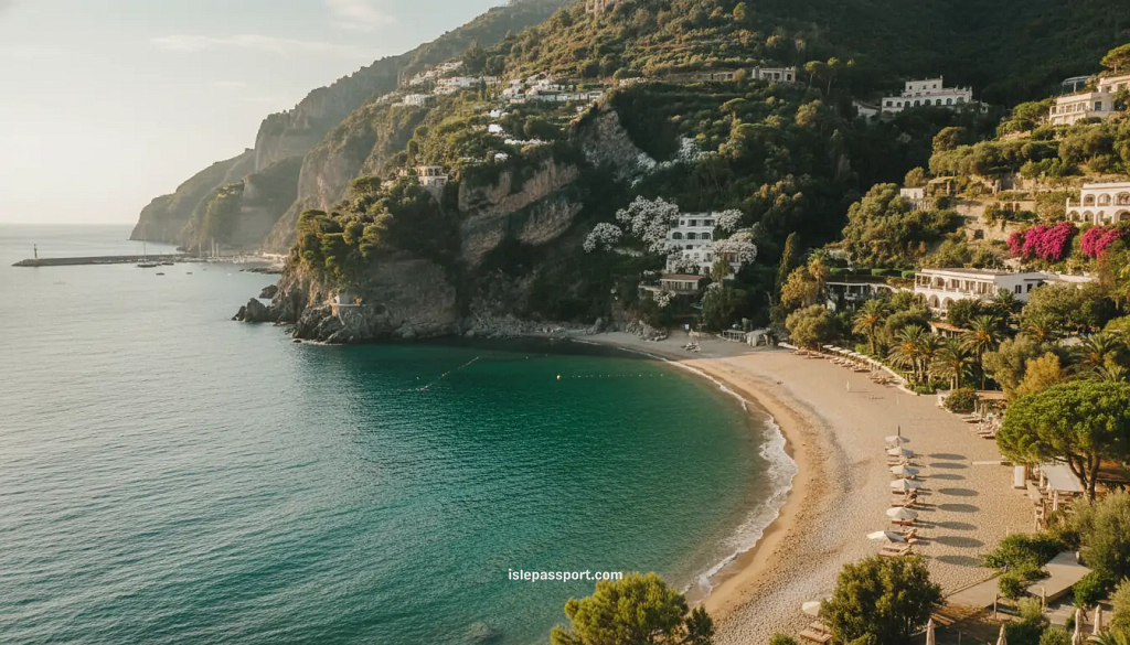 traveler looking at San Montano Bay in Ischia Italy with emerald water and cliffs