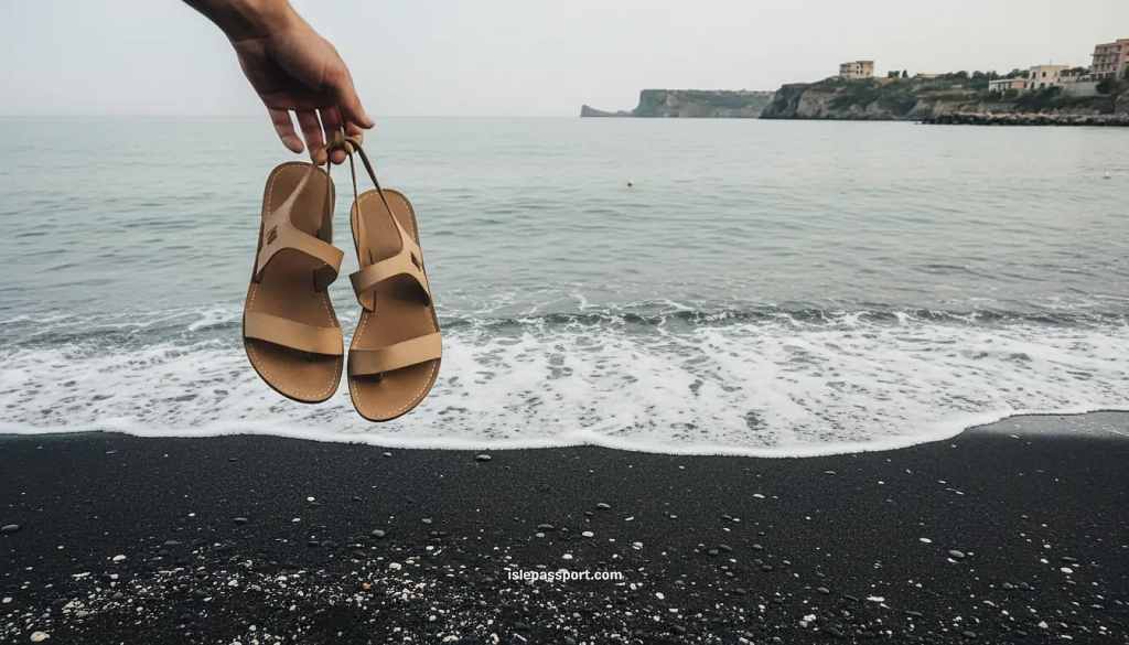 POV holding sandals while walking along Ladispoli’s black-sand shoreline with sea foam