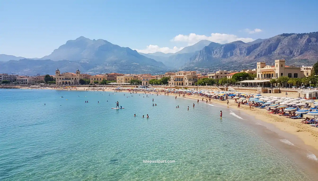 Mondello Beach near Palermo with turquoise sea and a sandy shore