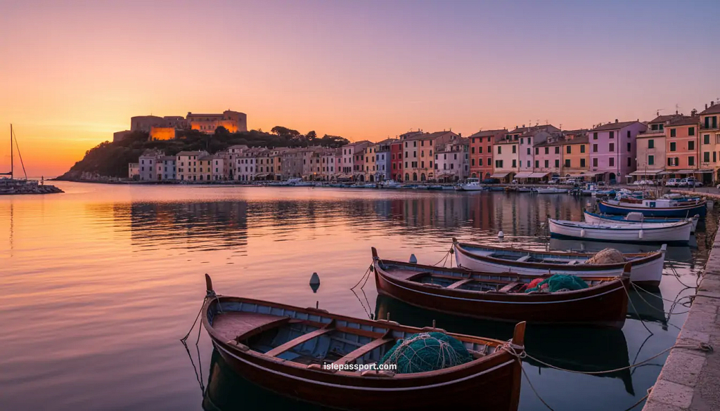 Porto Ercole marina and pastel houses at sunset