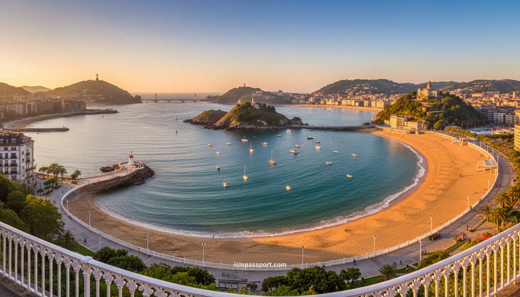 Aerial view of La Concha Bay with Santa Clara Island in San Sebastián. One of the best northern spain coastal towns