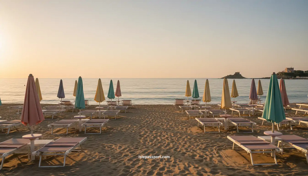 POV walking toward the beach in Santa Marinella with pastel umbrellas and early morning light
