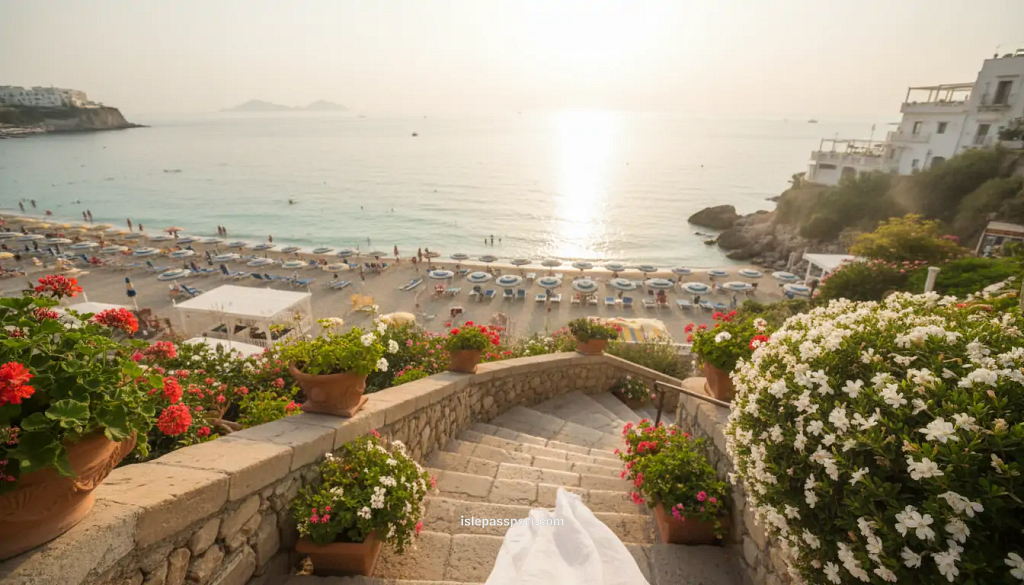 POV from the top of Sperlonga’s cliffside stairs overlooking turquoise water and beach umbrellas