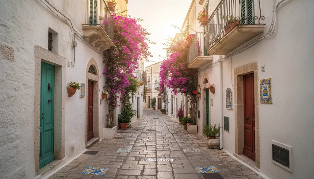 POV walking up a narrow whitewashed street in Sperlonga with bougainvillea and rustic doors in warm Mediterranean light