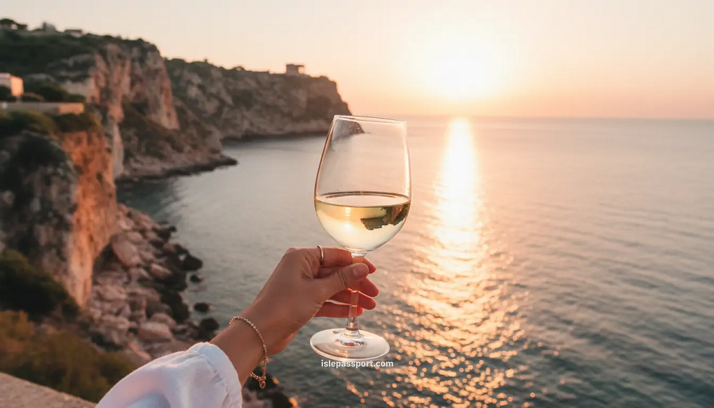 POV holding a glass of white wine toward Terracina’s coastline with cliffs glowing at sunset