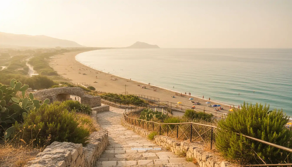 POV looking over Terracina beach from the Temple of Jupiter path with warm haze and calm water