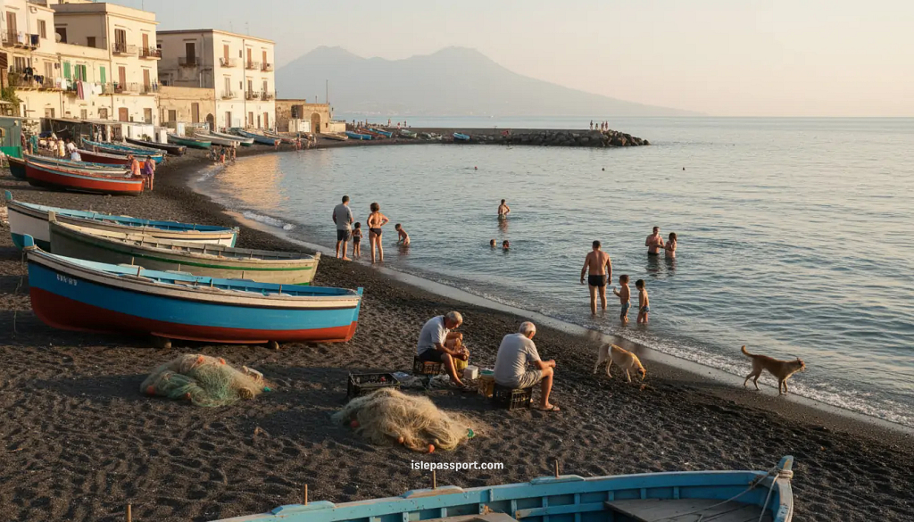 traveler viewing local beach in Torre Annunziata Italy with boats and families