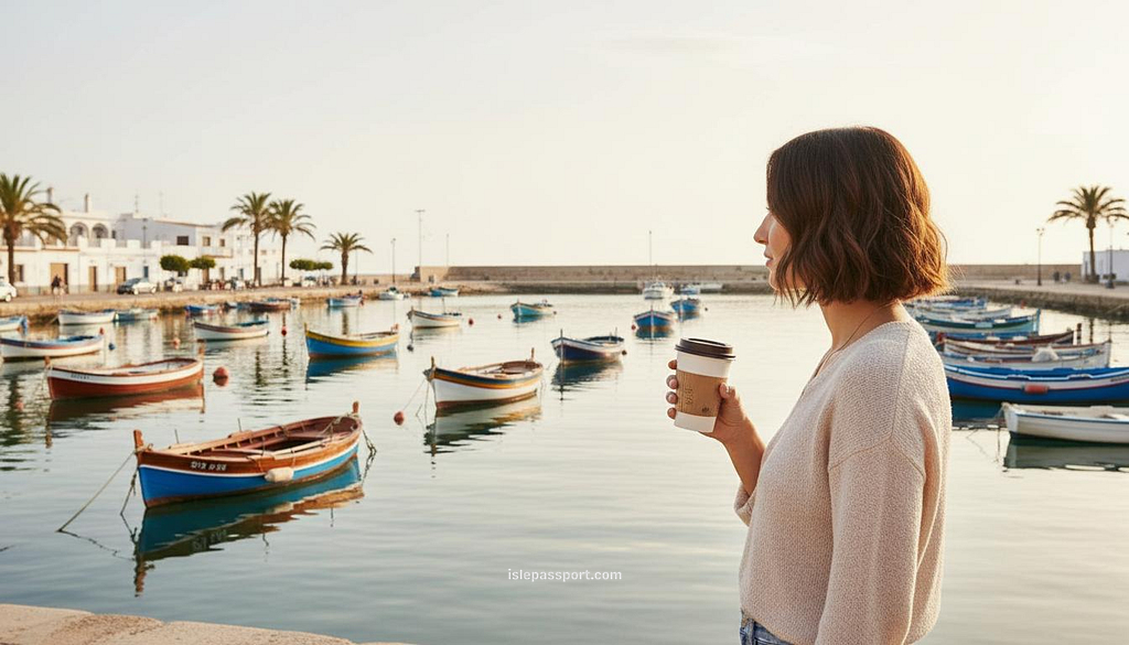 Woman with coffee standing by fishing boats in Villaricos harbor during Almería to Málaga coastal road trip