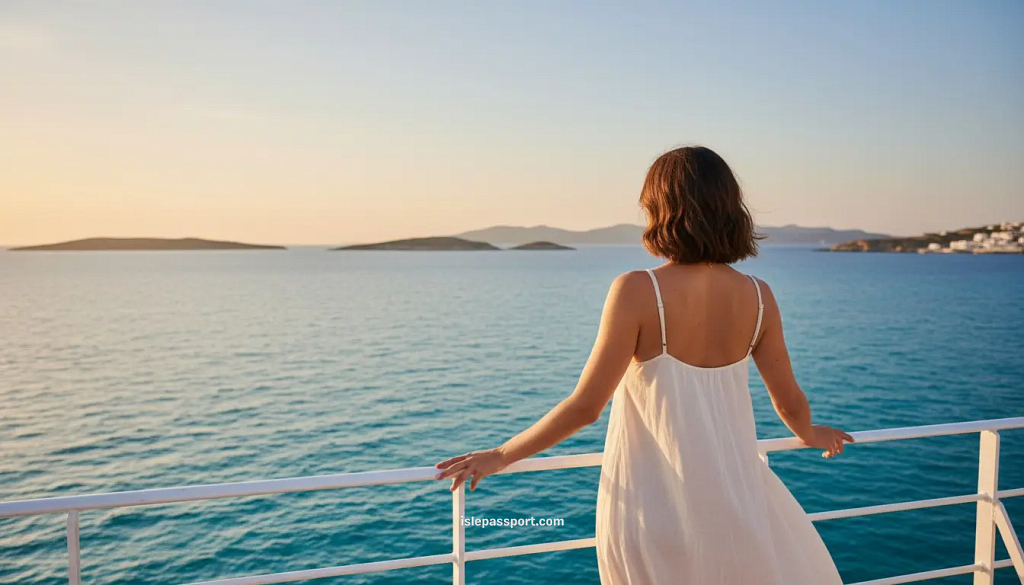 Golden hour view from a ferry deck on the Aegean Sea