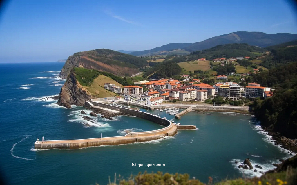 Armintza harbor on the northern Spain coastline with a curved breakwater, Basque houses, and green hills.