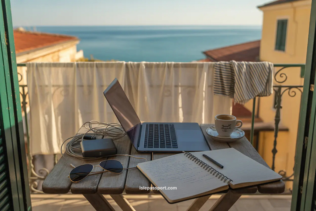 Messy Airbnb balcony workspace setup with laptop and sea view in Bari Italy