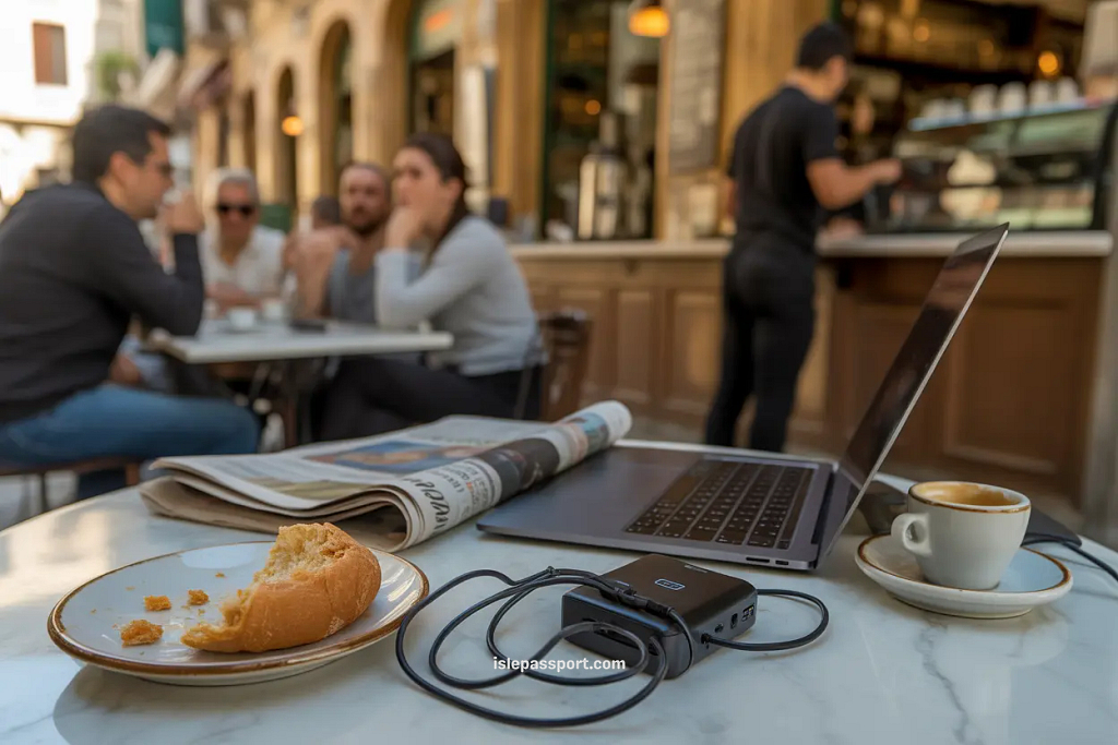 Café workspace with laptop, messy table and local atmosphere in Cagliari Italy