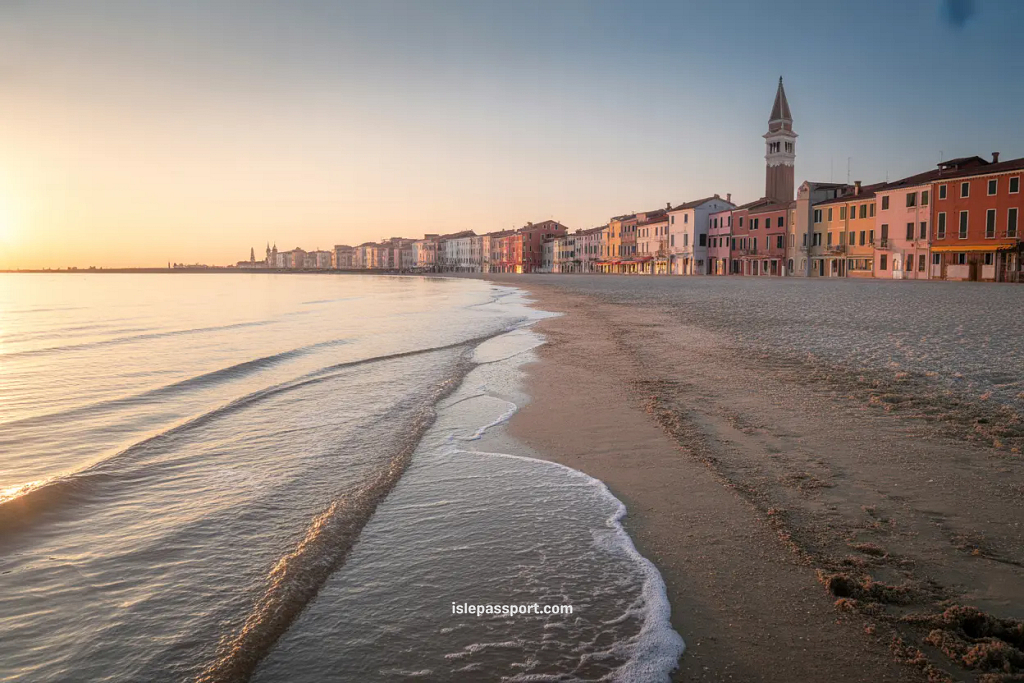 Uncrowded sandy beach in Caorle, a coastal town near Venice reachable by train.