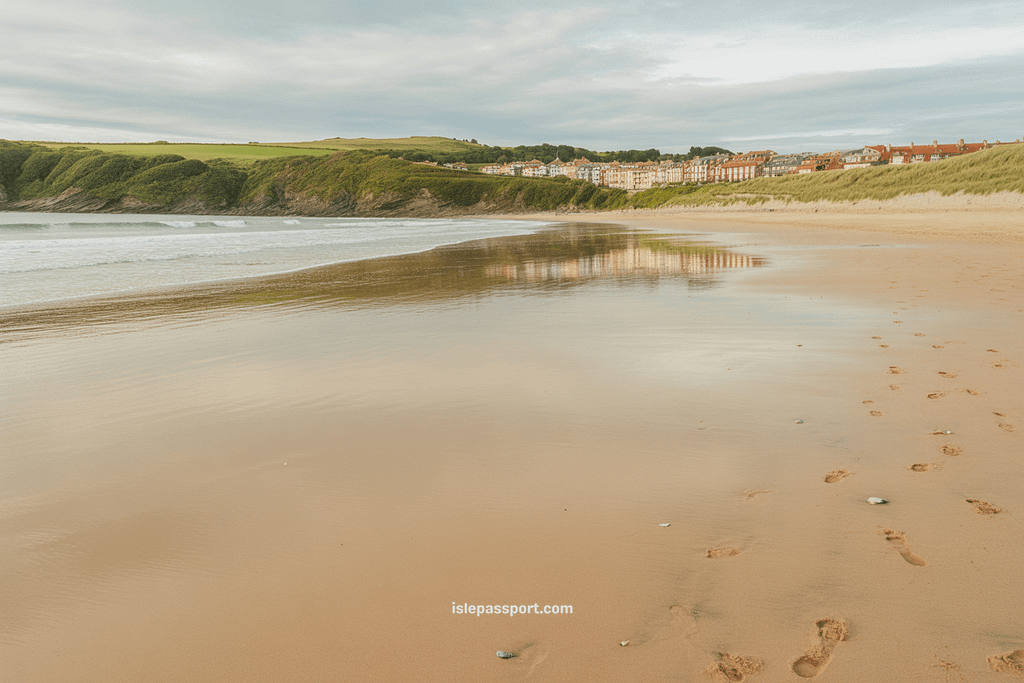 Comillas beach in Cantabria Spain on calm morning with dunes and town view, unedited iPhone photo.