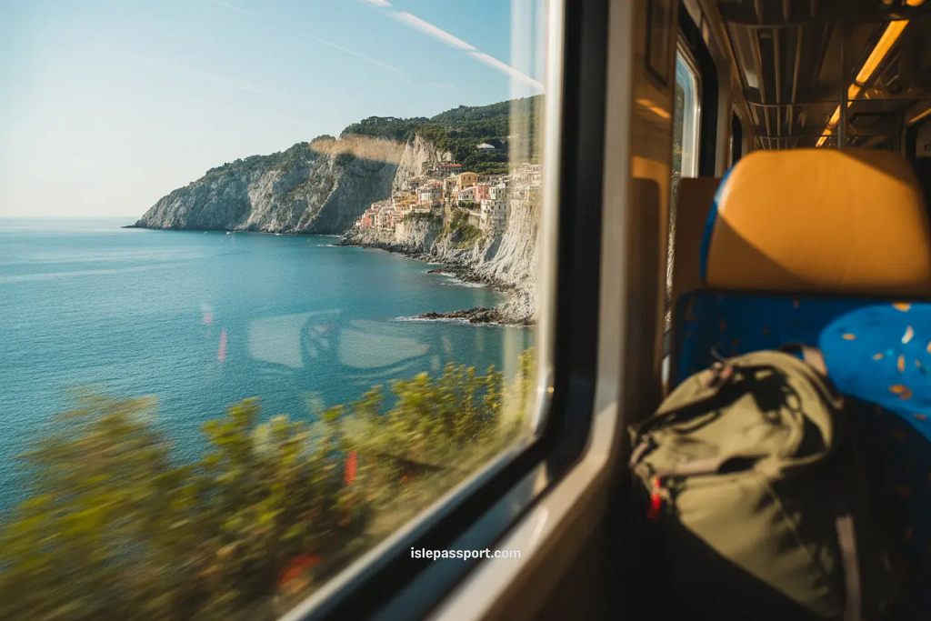 View of the Italian coastline and sea from a train window in Liguria