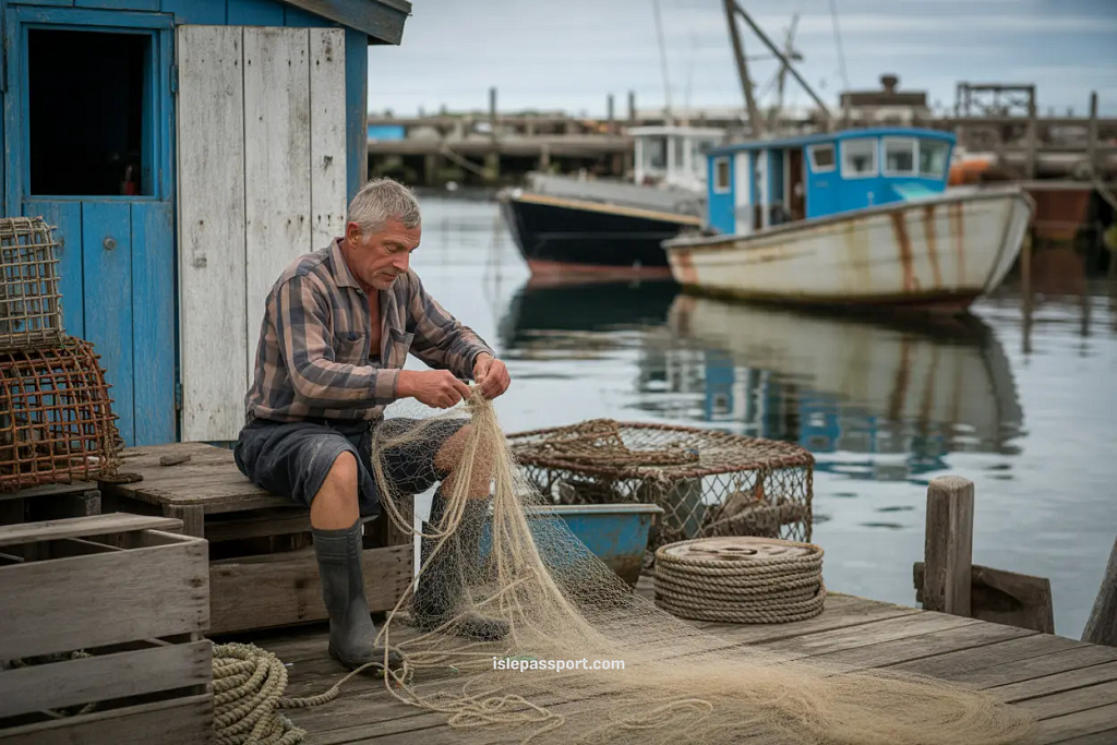 Fisherman repairing nets on a peaceful Mediterranean island.