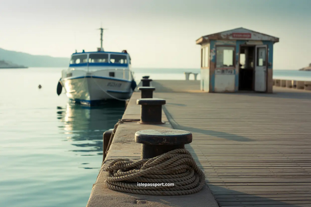 Quiet Mediterranean island ferry dock early in the morning, no people, no crowds.