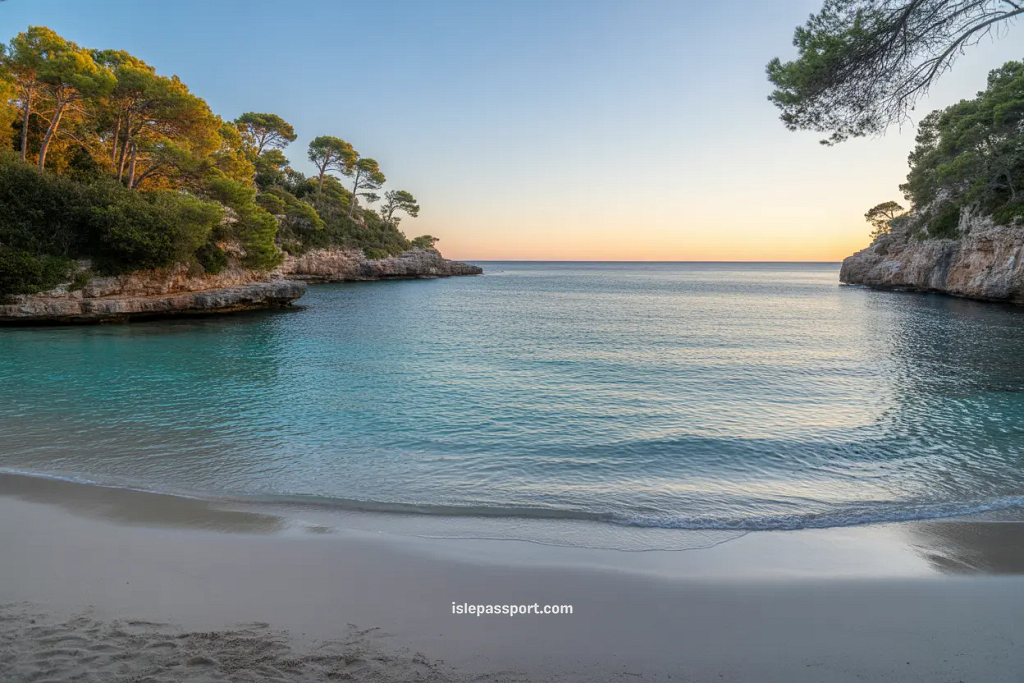Empty Cala Macarella beach during quiet shoulder season in Menorca.